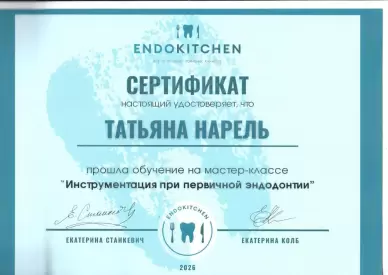 Сертификат за мастер-класс ИНСТРУМЕНТАЦИЯ ПРИ ПЕРВИЧНОЙ ЭНДОДОНТИИ