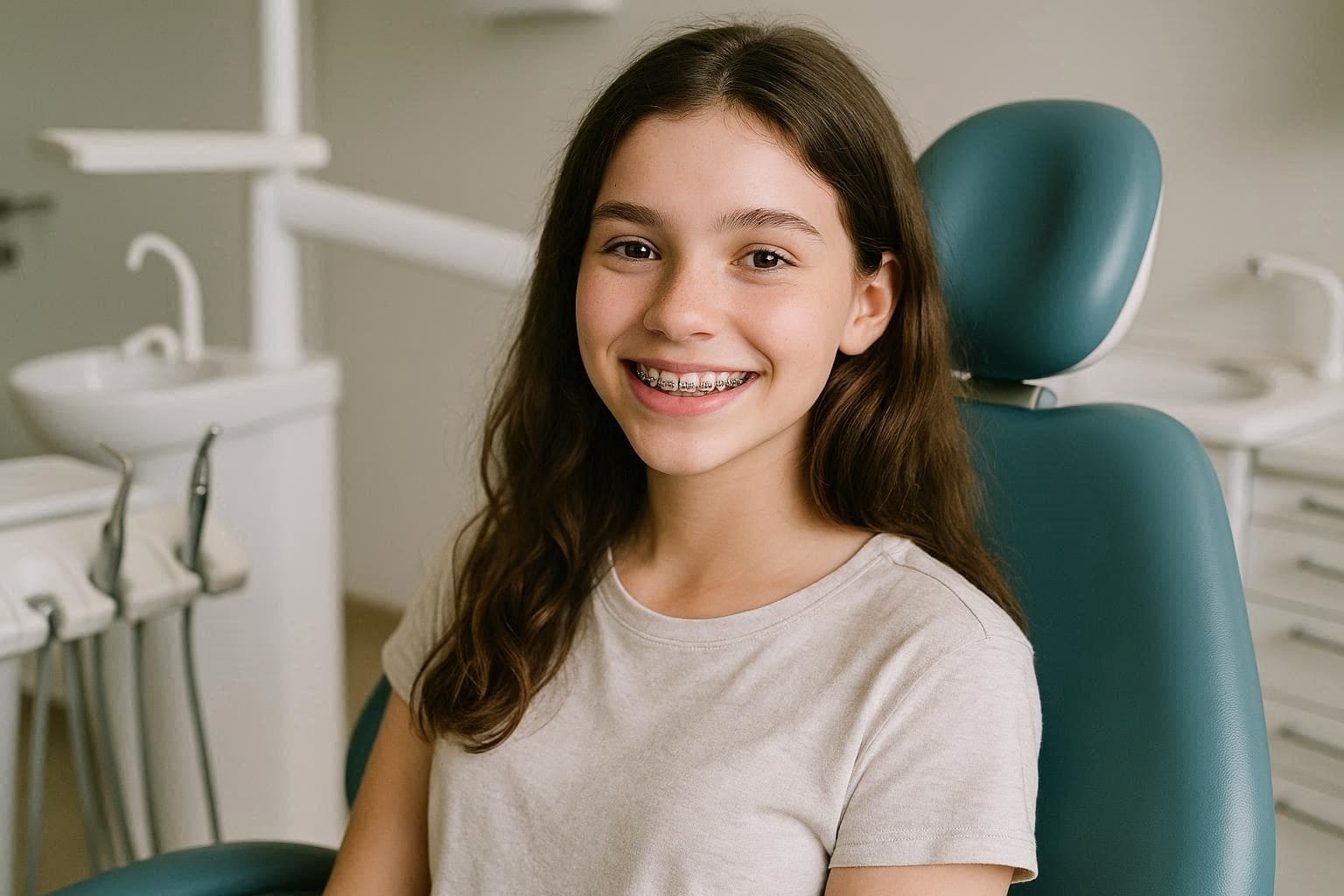 Девочка с установленными на зубы брекетами