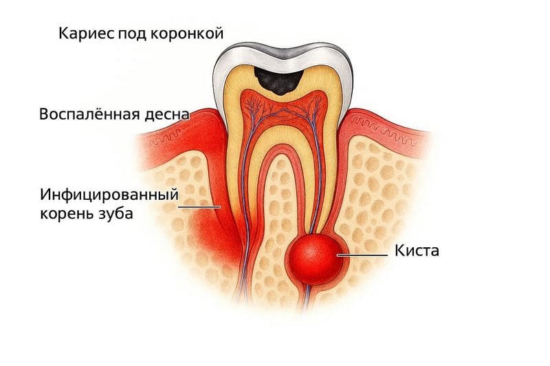 зуб в разрезе: кариес под коронкой, киста, инфицированный корень, воспаление десны