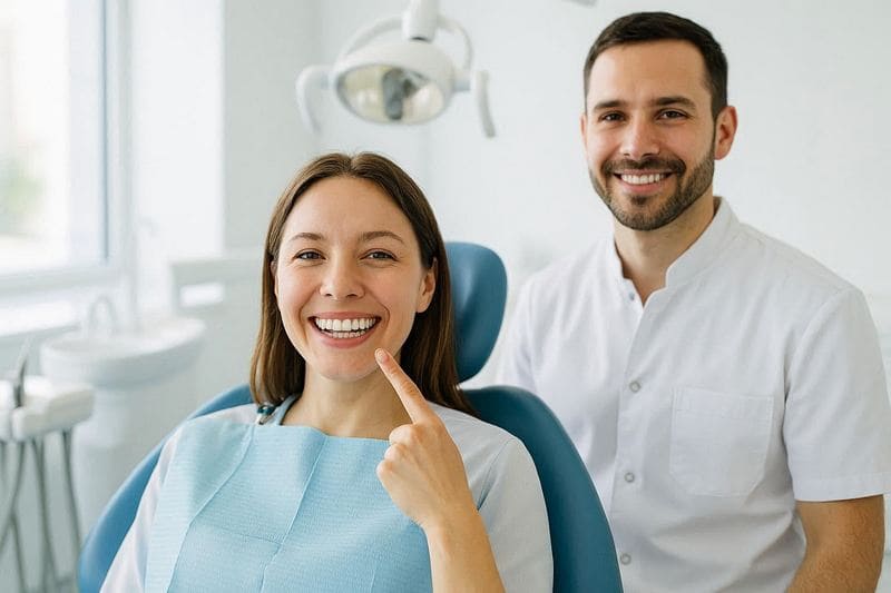 Пациентка и стоматолог после лечения зуба