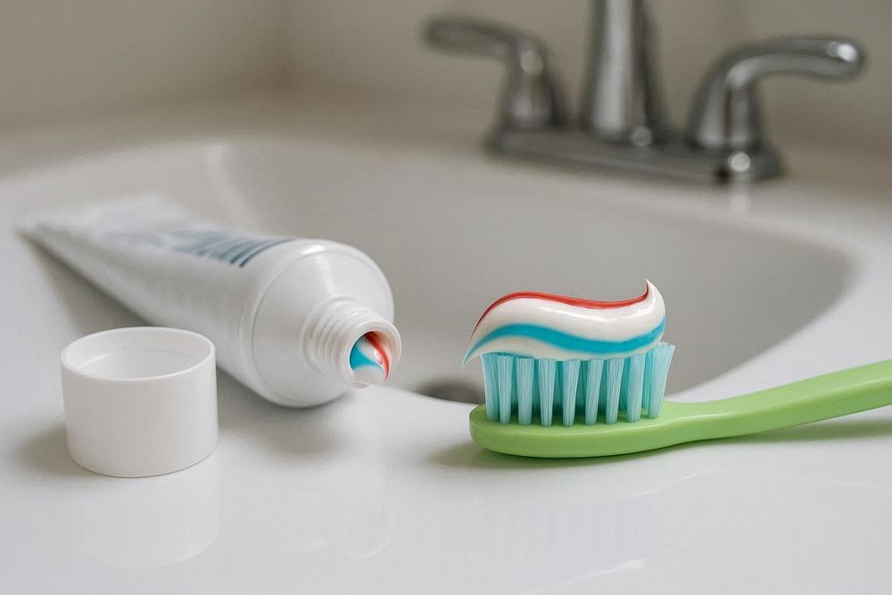Зубная паста и щетка на умывальнике в ванной