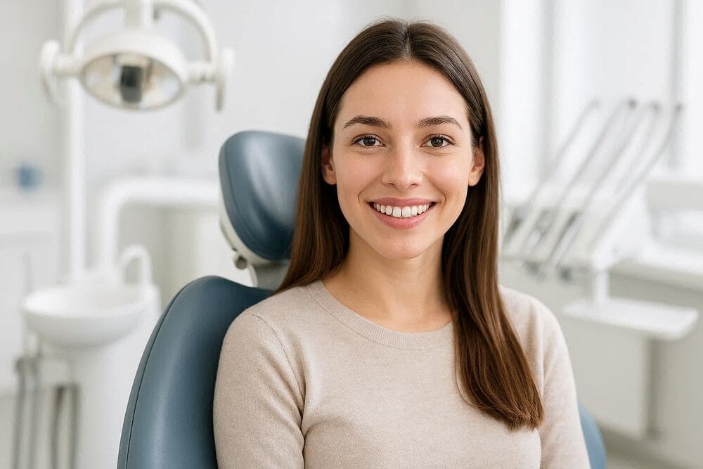 Девушка улыбается идеальной улыбкой, сидя в кресле стоматолога